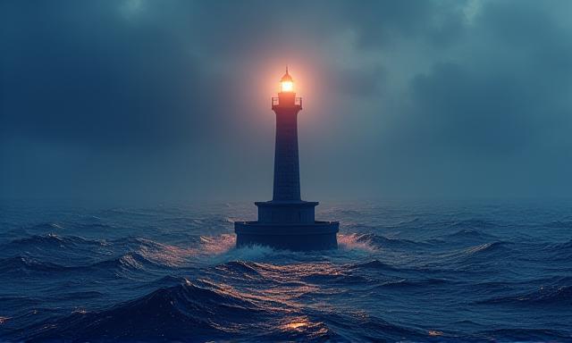 Abstract visual of a lighthouse overlooking a digitized stormy sea