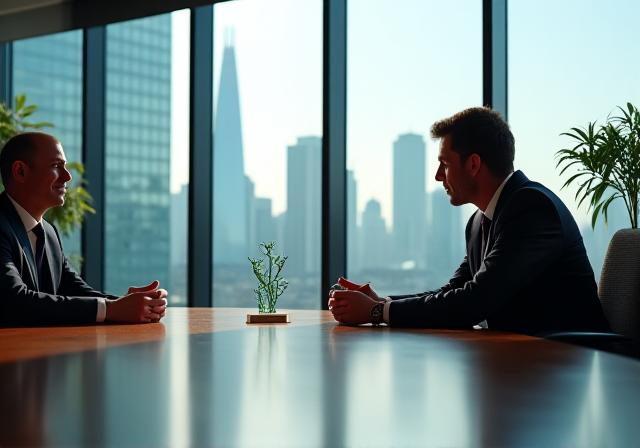 Professional consultation overlooking the London skyline representing growth and stability