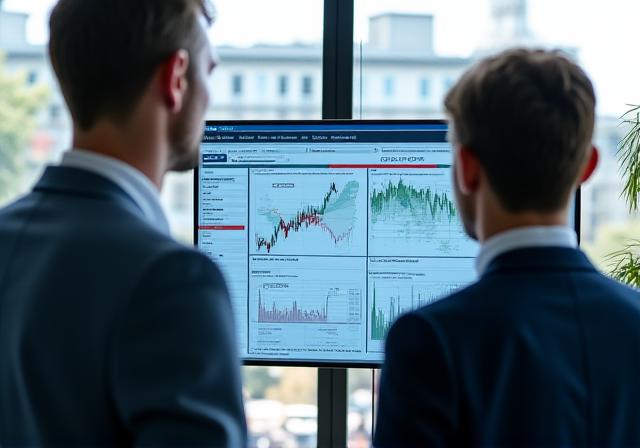 Financial risk consultants analyzing real-time market data charts and climate reports